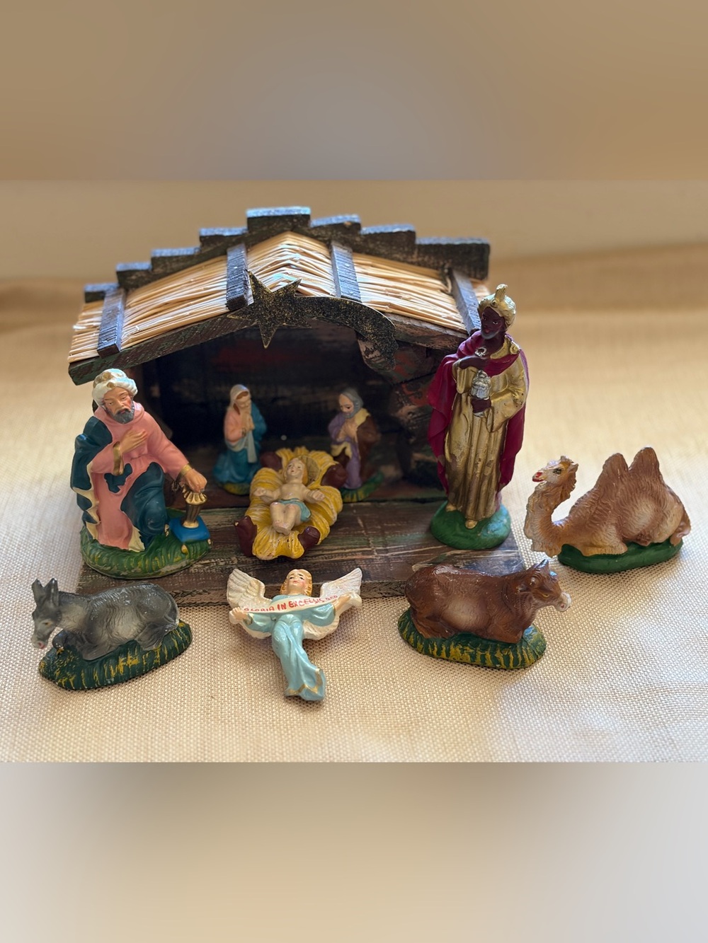 Vintage Italian Nativity Set Figurines with Stable